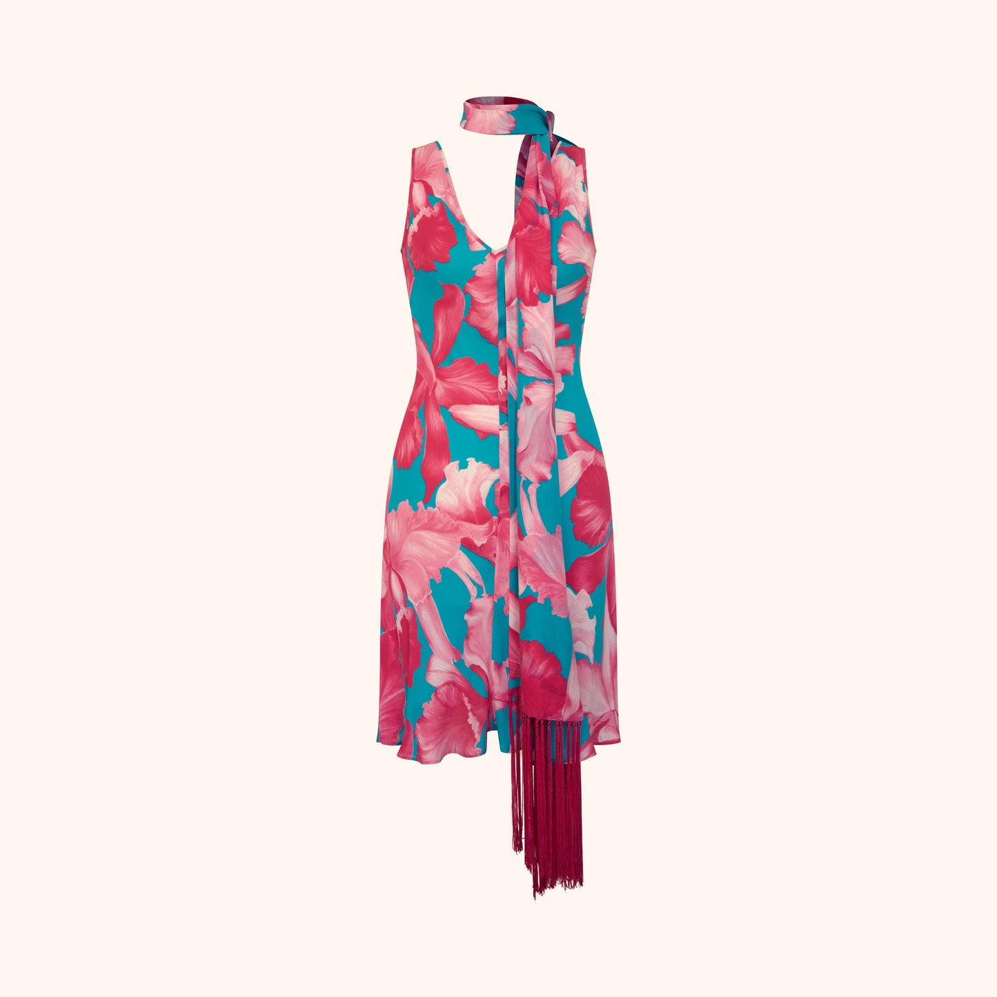 Celine S/S 2004 Runway Floral Print Silk Dress with Fringed Scarf