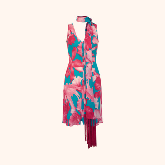 Celine S/S 2004 Runway Floral Print Silk Dress with Fringed Scarf