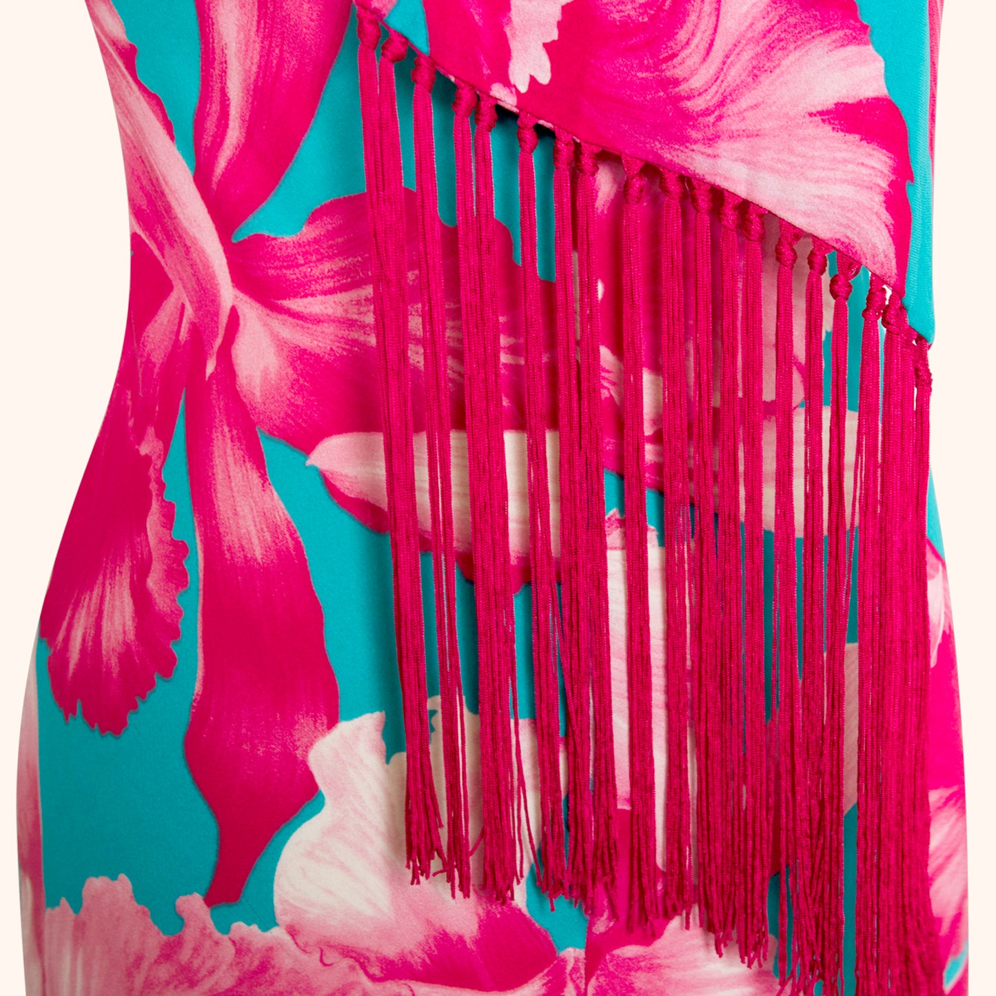 Celine S/S 2004 Runway Floral Print Silk Dress with Fringed Scarf