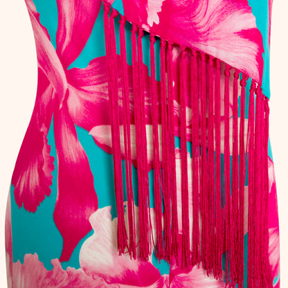 Celine S/S 2004 Runway Floral Print Silk Dress with Fringed Scarf