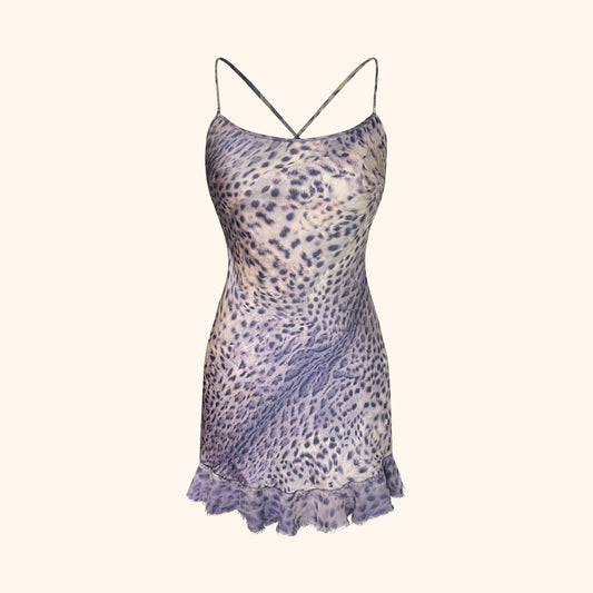 Roberto Cavalli S/S 2000 Purple Leopard Silk Mini Dress