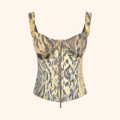 Roberto Cavalli 2003 Silk Laced Animal Print Corset