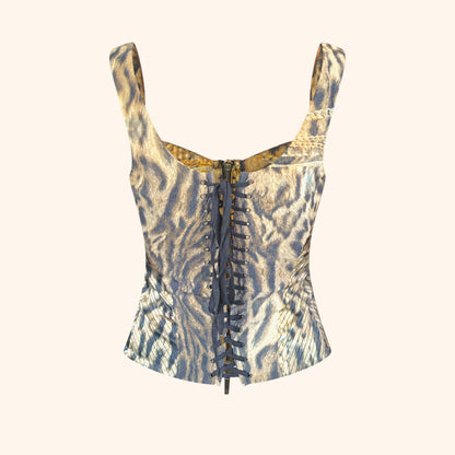 Roberto Cavalli 2003 Silk Laced Animal Print Corset
