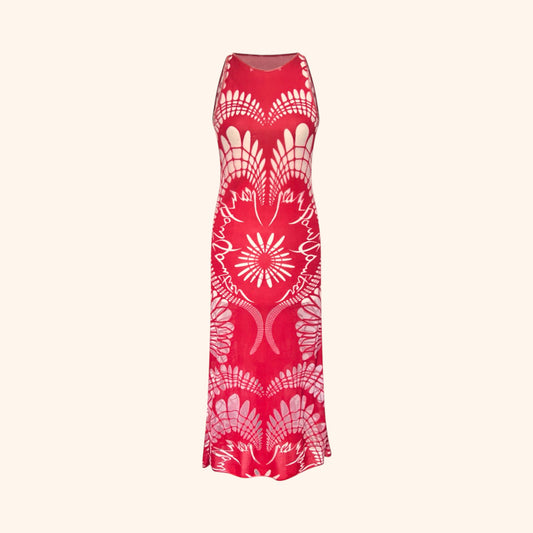 Jean Paul Gaultier S/S 2001 Red Art Nouveau Sheer Cutout Tank Maxi Dress