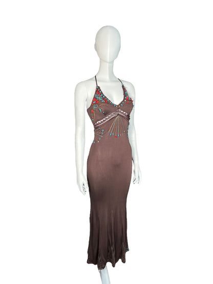 ROBERTO CAVALLI Brown Silk Beaded Dress (XS-S)