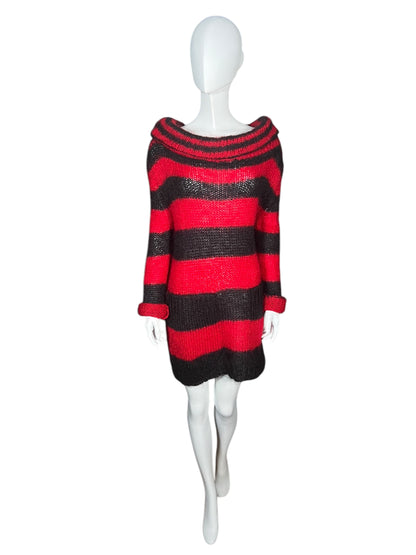 ALEXANDER MCQUEEN Red and Black Striped Mohair Knit Sweater Dress (L)