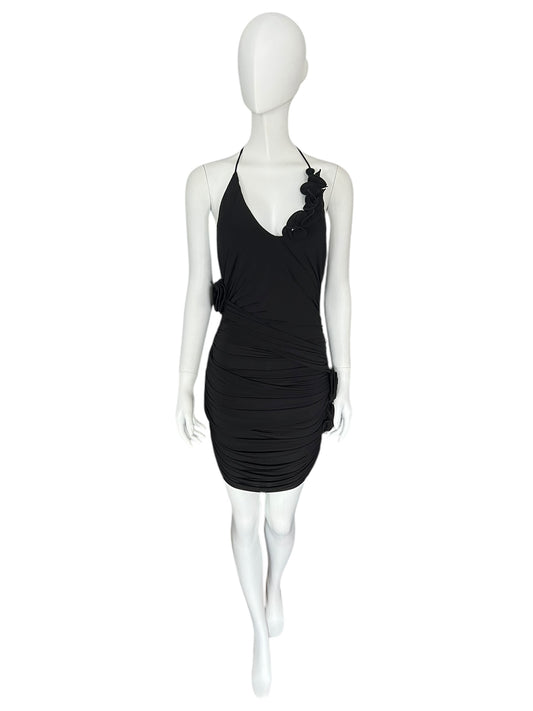 MAGDA BUTRYM Black Ruched Halter Dress with Rosette Accents (S)