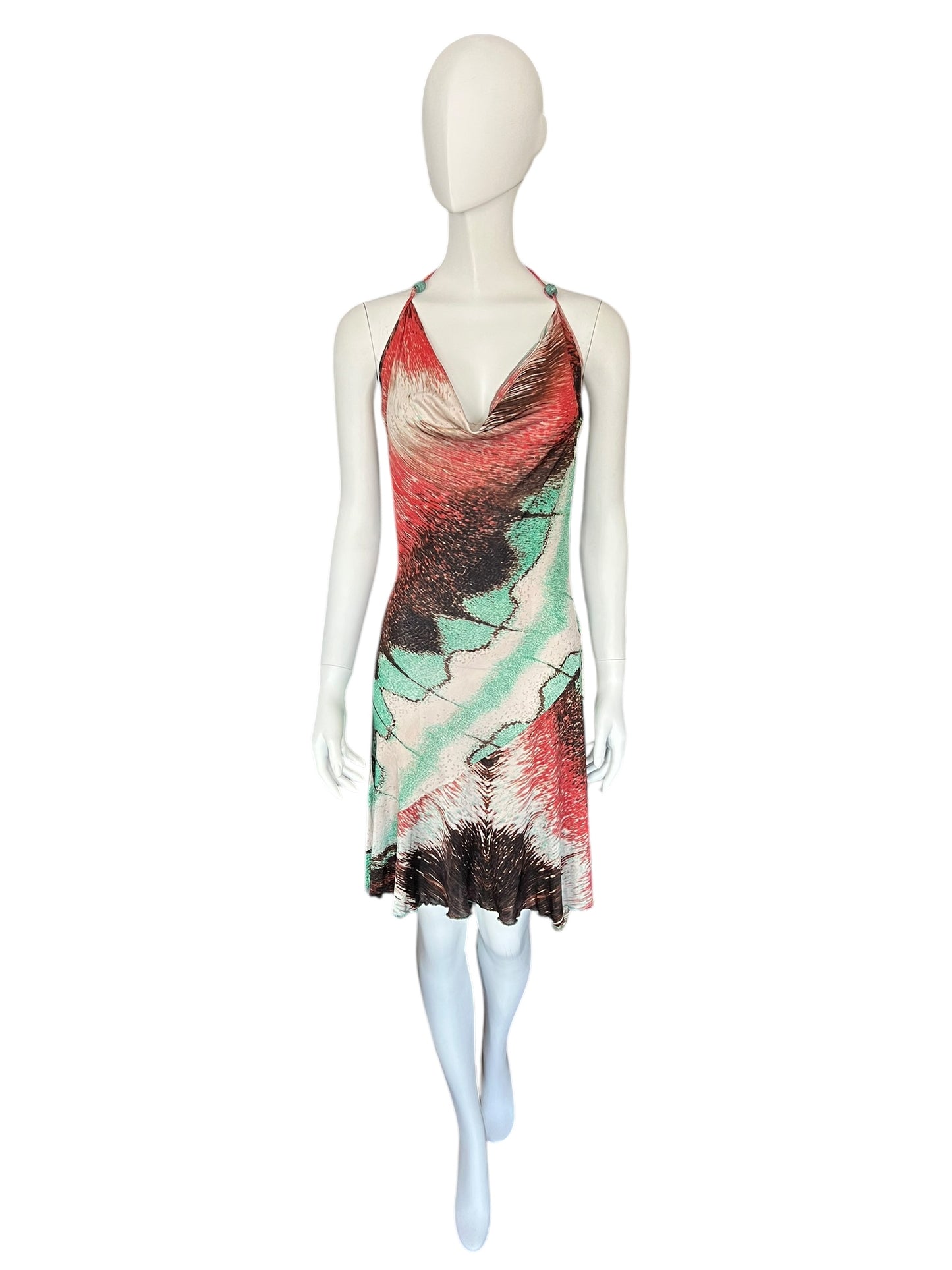 ROBERTO CAVALLI Early 2000s Feather Print Halterneck Dress (S-M)