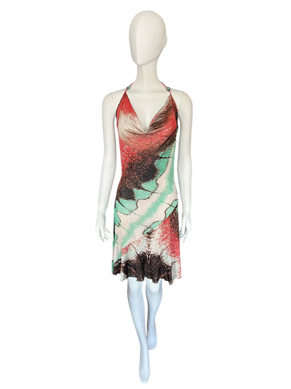 ROBERTO CAVALLI Early 2000s Feather Print Halterneck Dress (S-M)