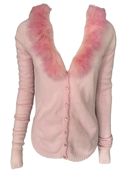 BLUMARINE 2000s Pink Cardigan with Marabou Fur Trim (S-M-L)