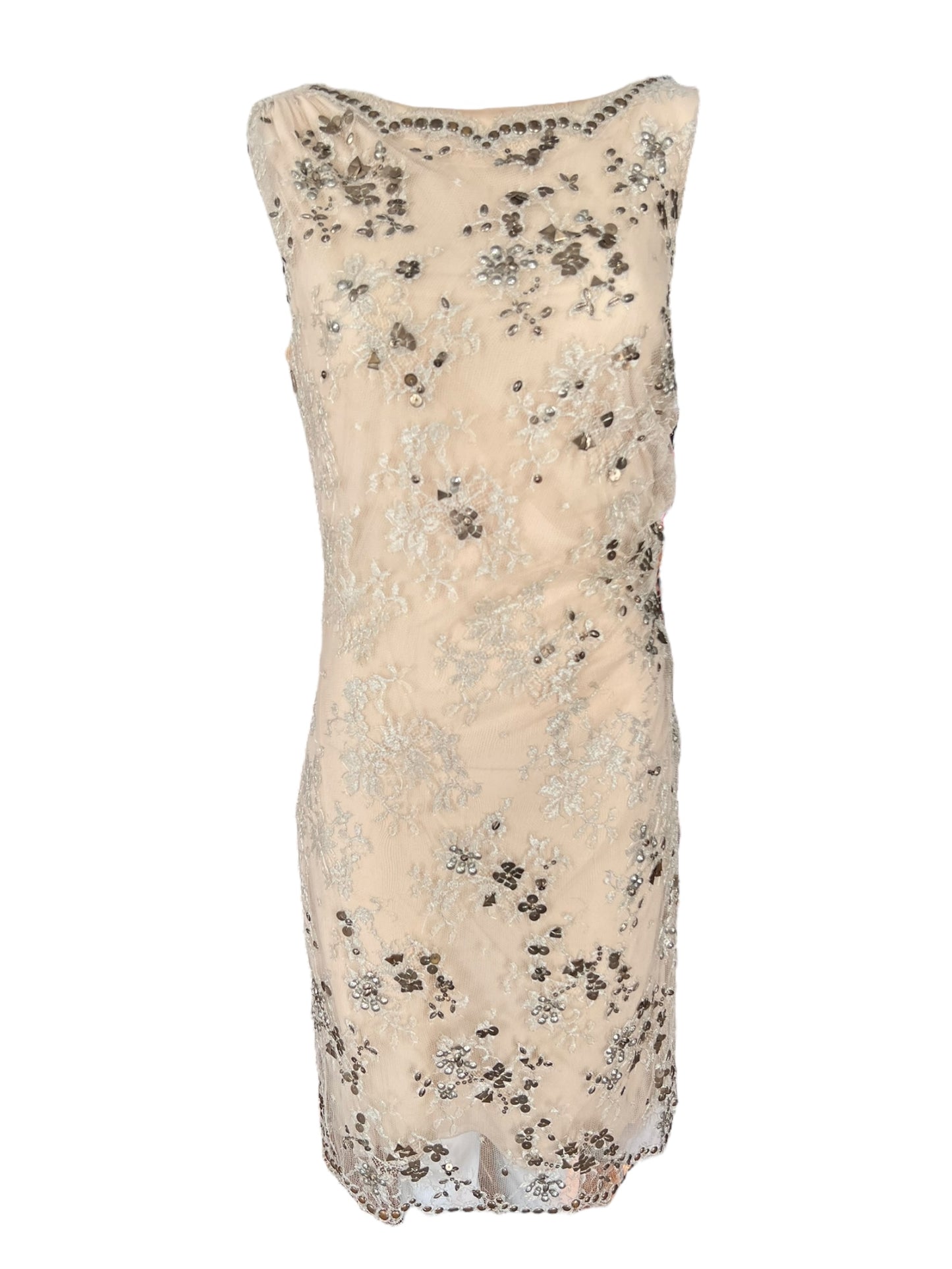 VALENTINO Embellished Nude Lace Sheath Dress (M)