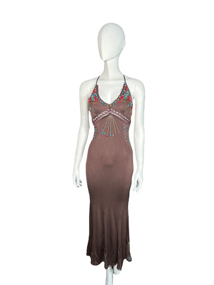 ROBERTO CAVALLI Brown Silk Beaded Dress (XS-S)