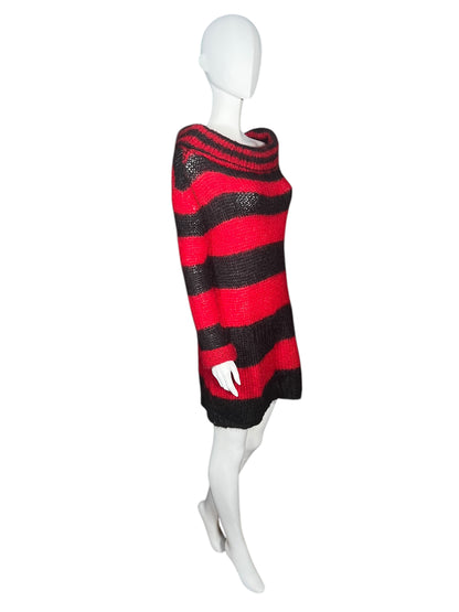 ALEXANDER MCQUEEN Red and Black Striped Mohair Knit Sweater Dress (L)
