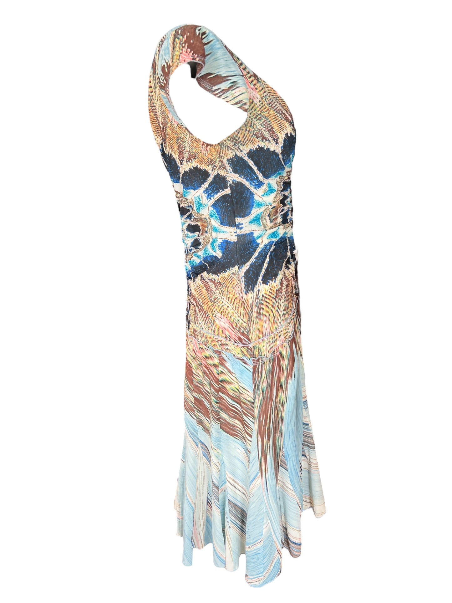 ROBERTO CAVALLI S/S 2004 Multi-Colored Silk Midi Dress (M)