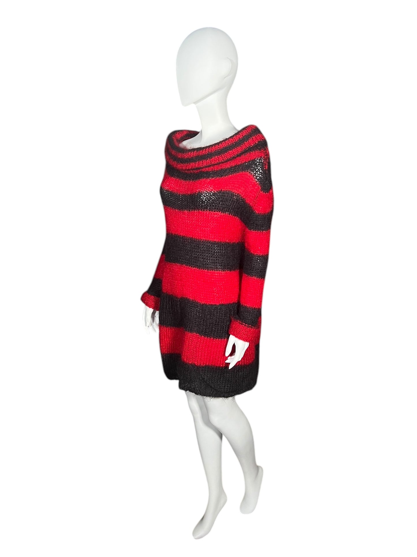 ALEXANDER MCQUEEN Red and Black Striped Mohair Knit Sweater Dress (L)