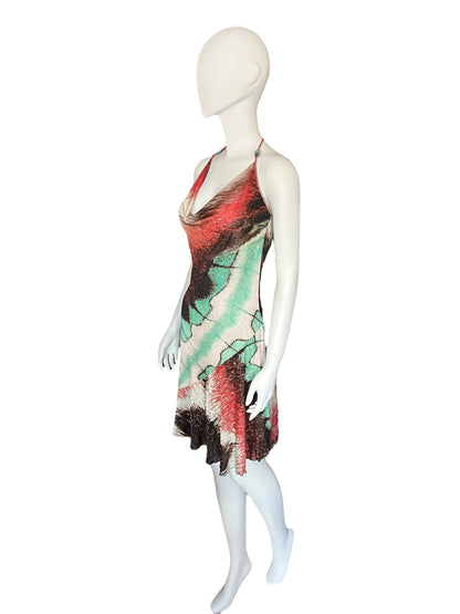 ROBERTO CAVALLI Early 2000s Feather Print Halterneck Dress (S-M)