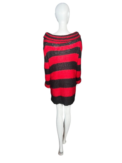 ALEXANDER MCQUEEN Red and Black Striped Mohair Knit Sweater Dress (L)