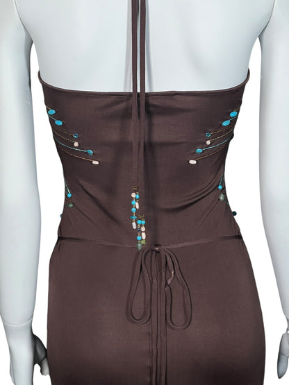 ROBERTO CAVALLI Brown Silk Beaded Dress (XS-S)