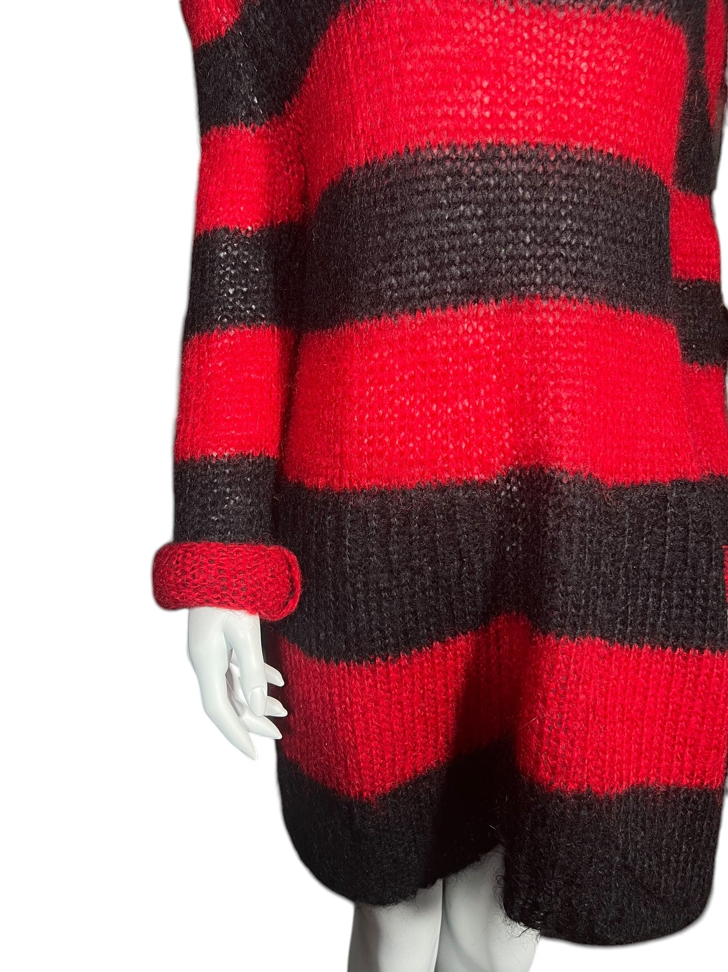 ALEXANDER MCQUEEN Red and Black Striped Mohair Knit Sweater Dress (L)