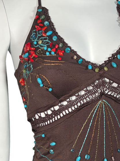 ROBERTO CAVALLI Brown Silk Beaded Dress (XS-S)