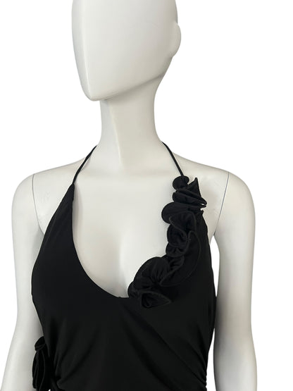 MAGDA BUTRYM Black Ruched Halter Dress with Rosette Accents (S)