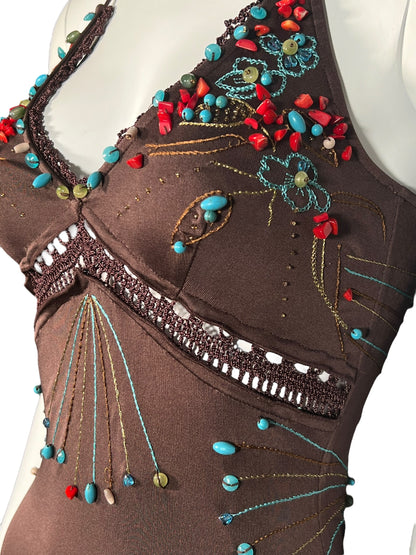 ROBERTO CAVALLI Brown Silk Beaded Dress (XS-S)