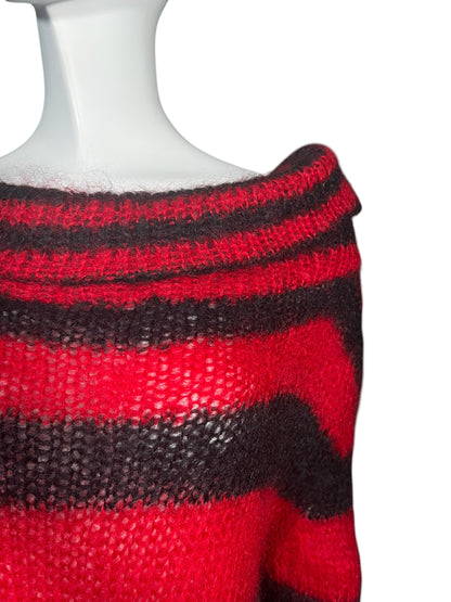 ALEXANDER MCQUEEN Red and Black Striped Mohair Knit Sweater Dress (L)