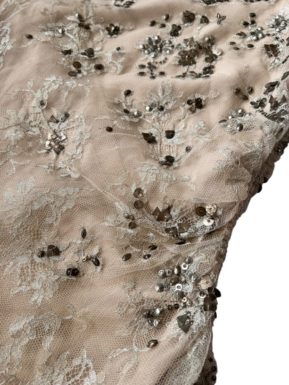 VALENTINO Embellished Nude Lace Sheath Dress (M)