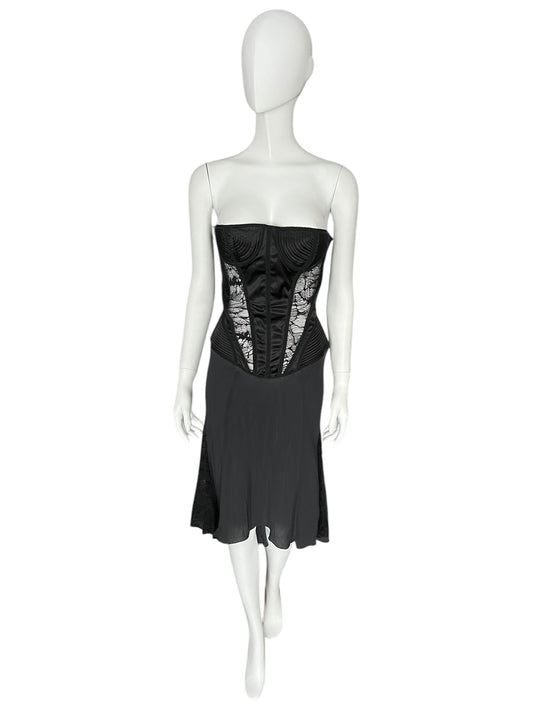 JULIEN MACDONALD Black Silk Corset Lace Detail Dress (L)