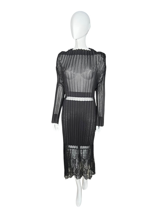 STELLA MCCARTNEY Sheer Pleated Midi Dress with Lace Hem (M-L)