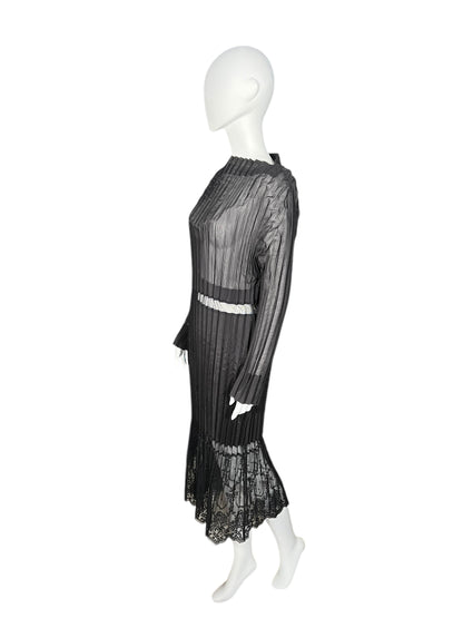 STELLA MCCARTNEY Sheer Pleated Midi Dress with Lace Hem (M-L)