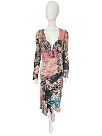 ROBERTO CAVALLI F/W 2002 Runway Patchwork Print Midi Dress (L-XL)