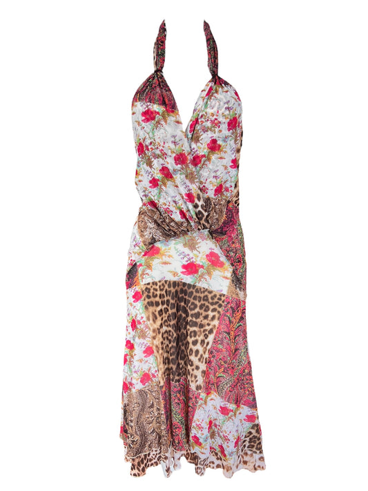 ROBERTO CAVALLI Class Red & White Patchwork Animal Print Dress (M-L)