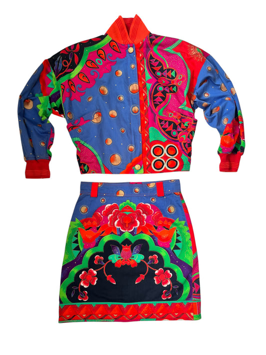 GIANNI VERSACE S/S 1991 Multicolour Cotton Bomber Jacket & Skirt Set (M)