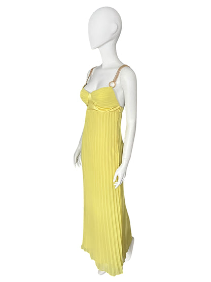 ROBERTO CAVALLI 'Class" Yellow Pleated Maxi Dress with Gold Chain Straps (XS-S)