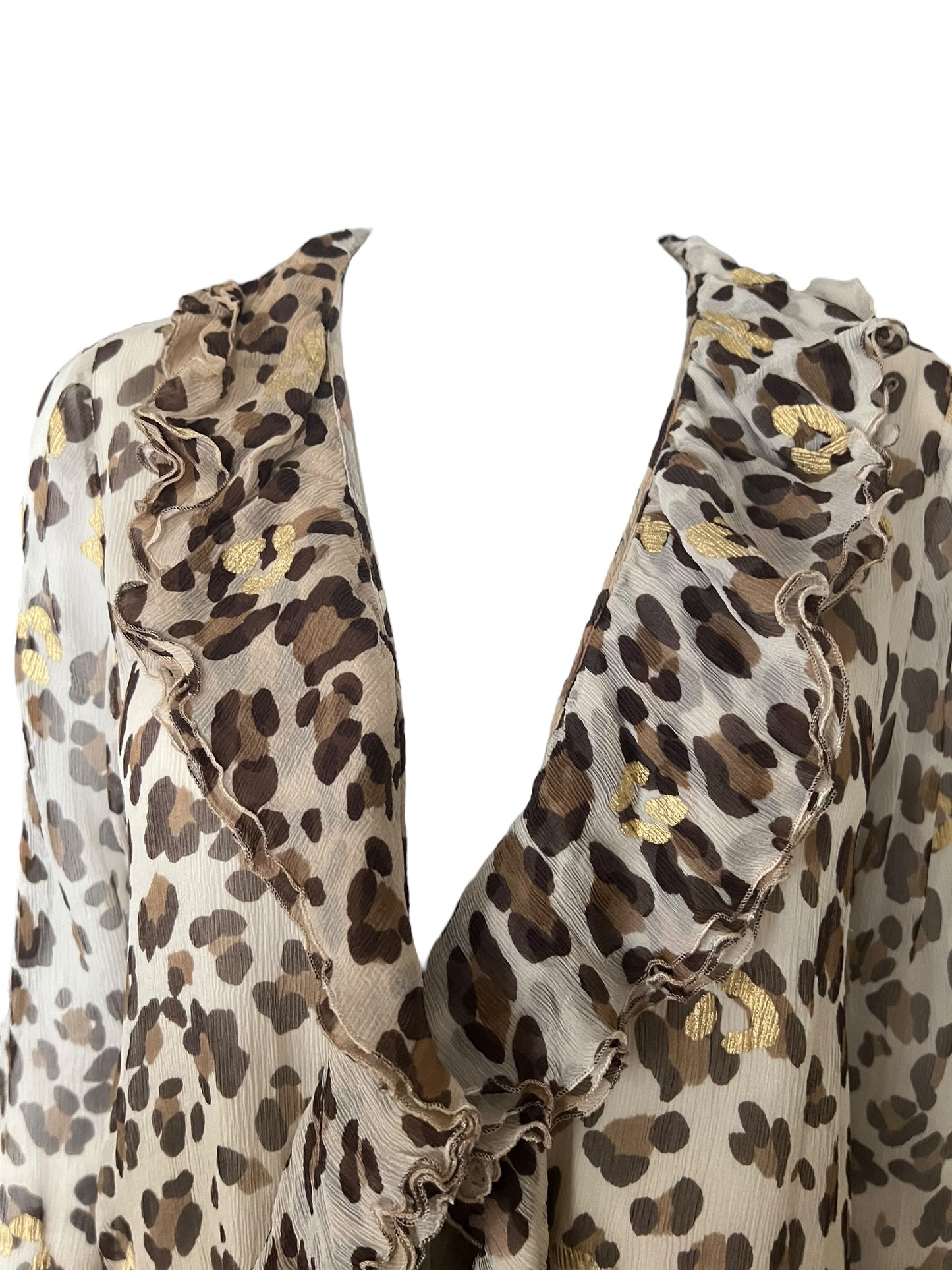 BLUMARINE Silk Leopard Print Gold Foil Ruffle Wrap Dress (M)