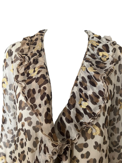 BLUMARINE Silk Leopard Print Gold Foil Ruffle Wrap Dress (M)