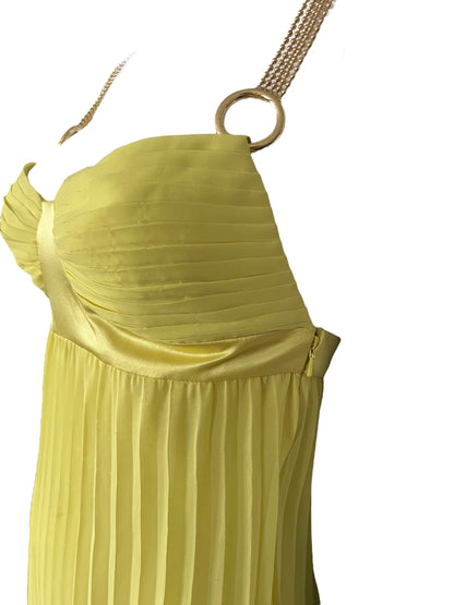 ROBERTO CAVALLI 'Class" Yellow Pleated Maxi Dress with Gold Chain Straps (XS-S)