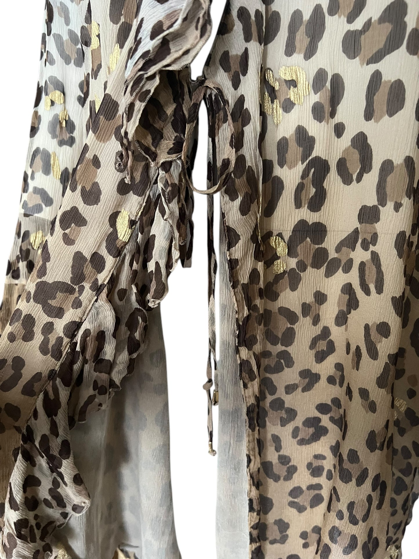 BLUMARINE Silk Leopard Print Gold Foil Ruffle Wrap Dress (M)
