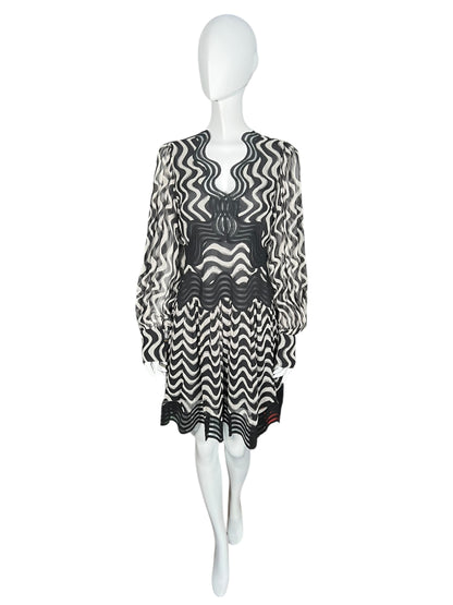 STELLA MCCARTNEY Black and White Wave Embroidered Silk Mini Dress (S)