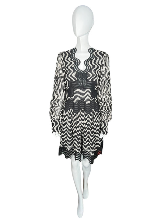 STELLA MCCARTNEY Black and White Wave Embroidered Silk Mini Dress (S)
