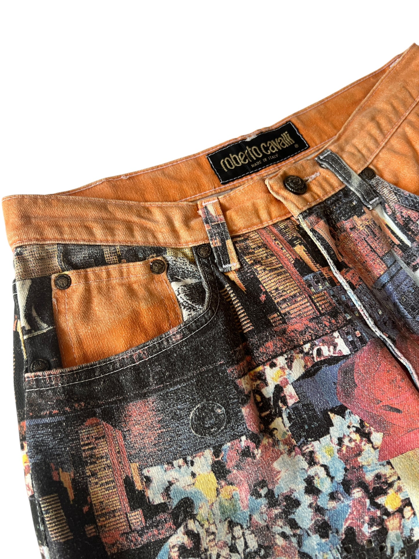 ROBERTO CAVALLI 2000s City Collage Print Jeans (S)
