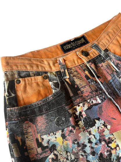 ROBERTO CAVALLI 2000s City Collage Print Jeans (S)