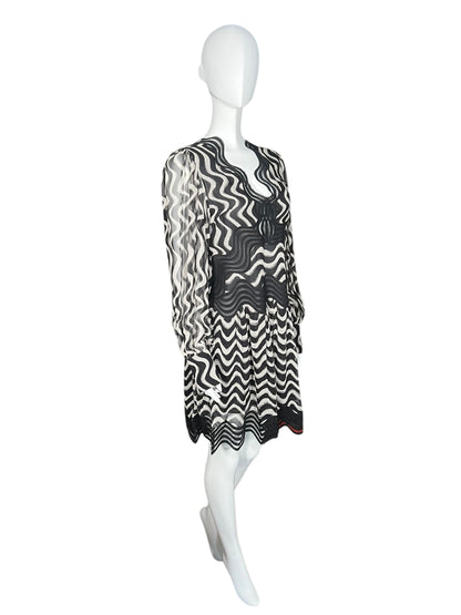 STELLA MCCARTNEY Black and White Wave Embroidered Silk Mini Dress (S)
