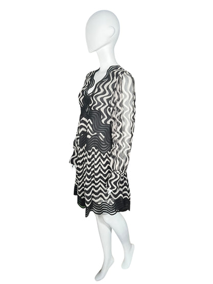 STELLA MCCARTNEY Black and White Wave Embroidered Silk Mini Dress (S)