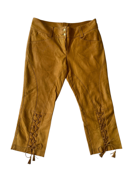 ROBERTO CAVALLI S/S 2003 Camel Leather Lace-Up Trousers (M)