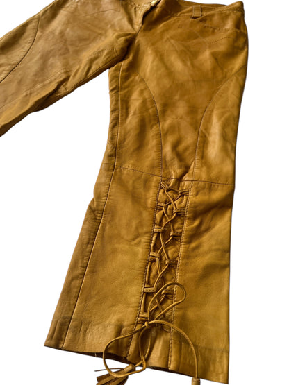 ROBERTO CAVALLI S/S 2003 Camel Leather Lace-Up Trousers (M)
