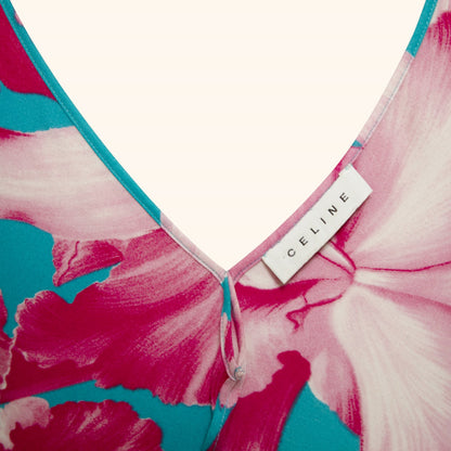 Celine S/S 2004 Runway Floral Print Silk Dress with Fringed Scarf
